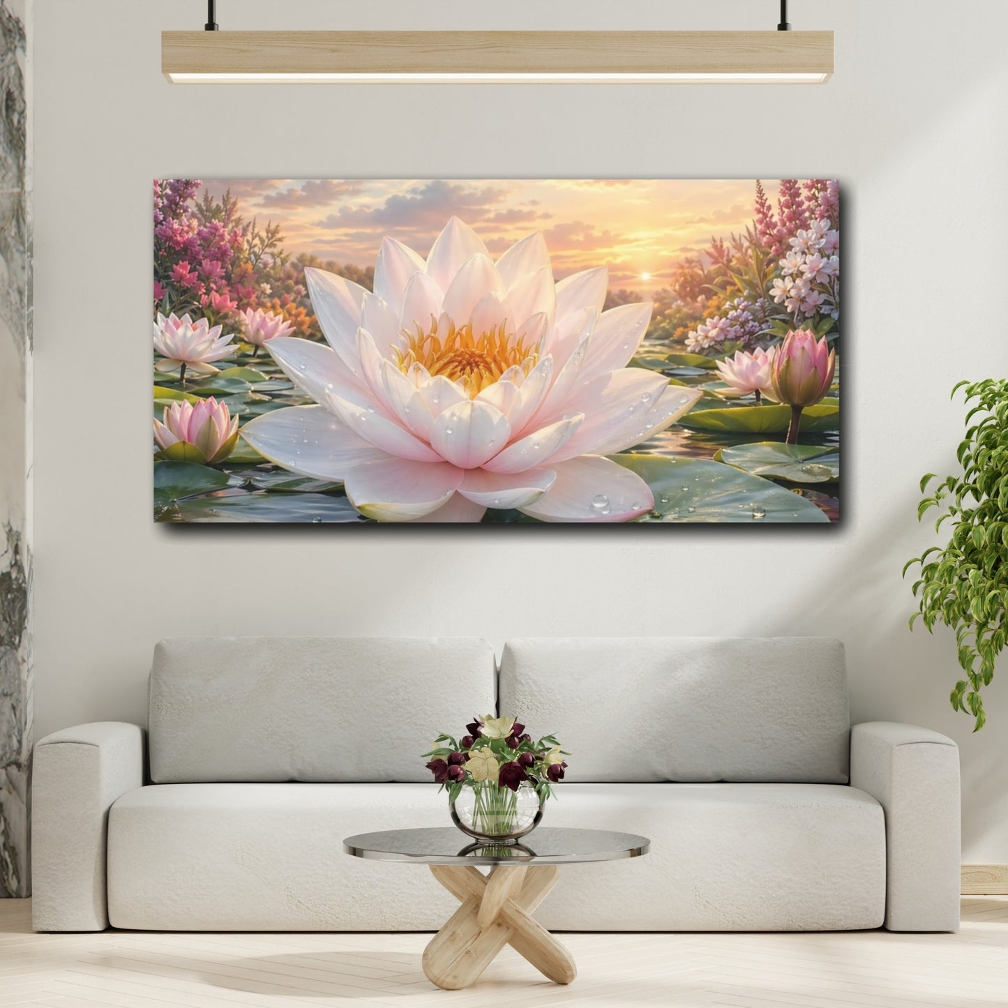 Mockup 3. Nature Lotus Flower Pink Lotus Flower shown as stretched canvas wall art