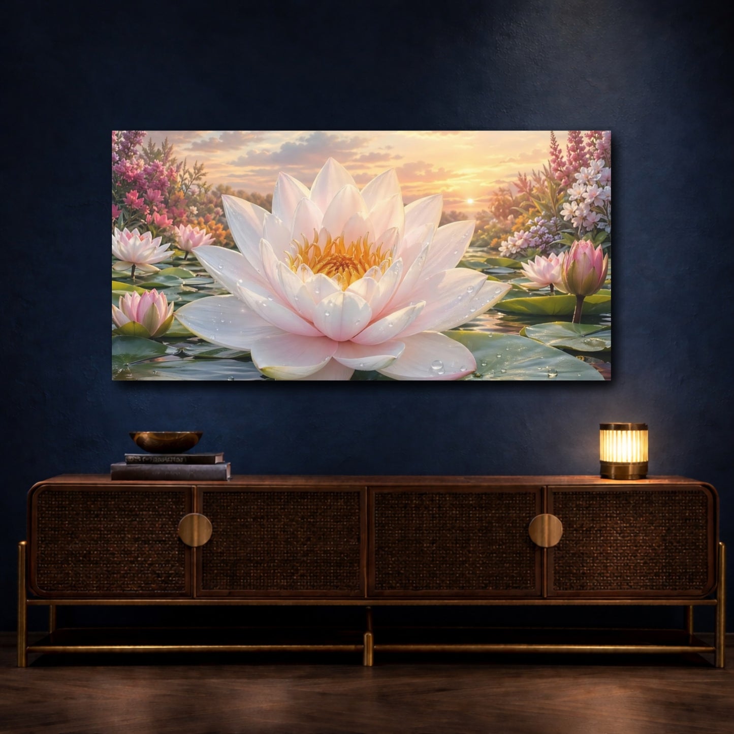 Mockup 4. Nature Lotus Flower Pink Lotus Flower shown as stretched canvas wall art