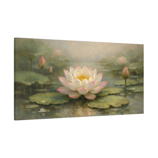 Main Mockup. Nature Lotus Flower Pink Lotus Pond shown as stretched canvas wall art
