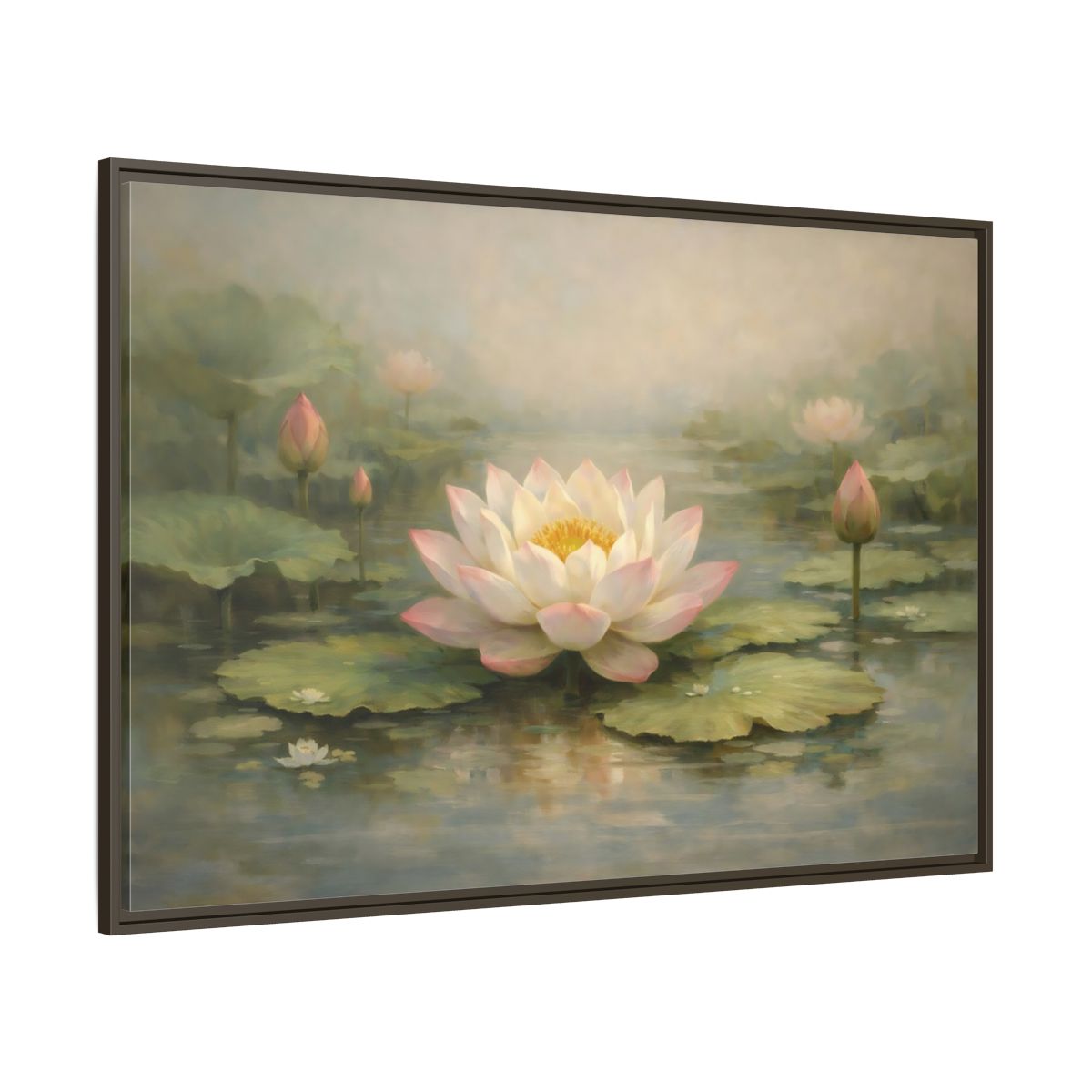 Main Mockup. Nature Lotus Flower Pink Lotus Pond shown as stretched canvas wall art