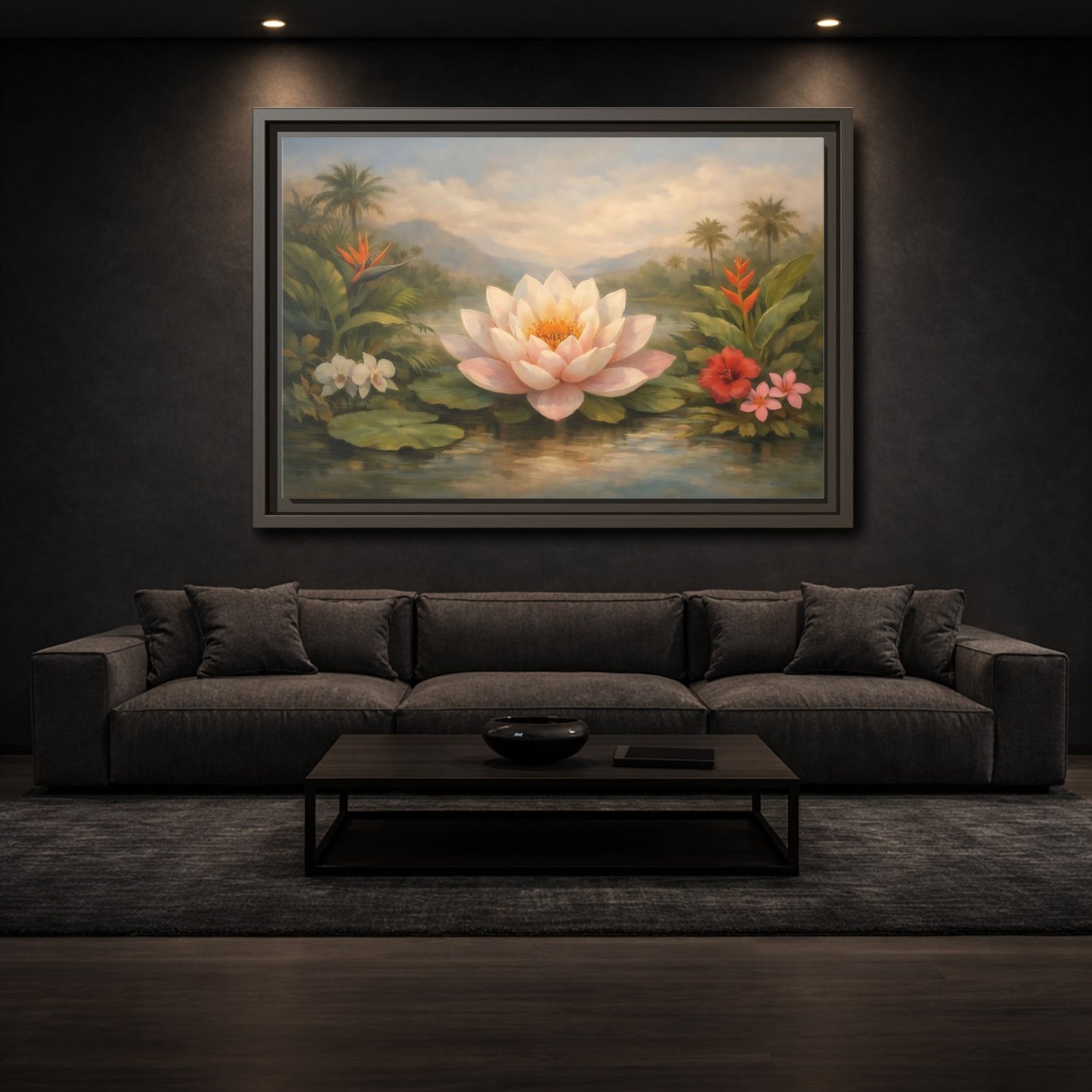 Mockup 2. Nature Lotus Flower Pink Lotus Pond shown as stretched canvas wall art