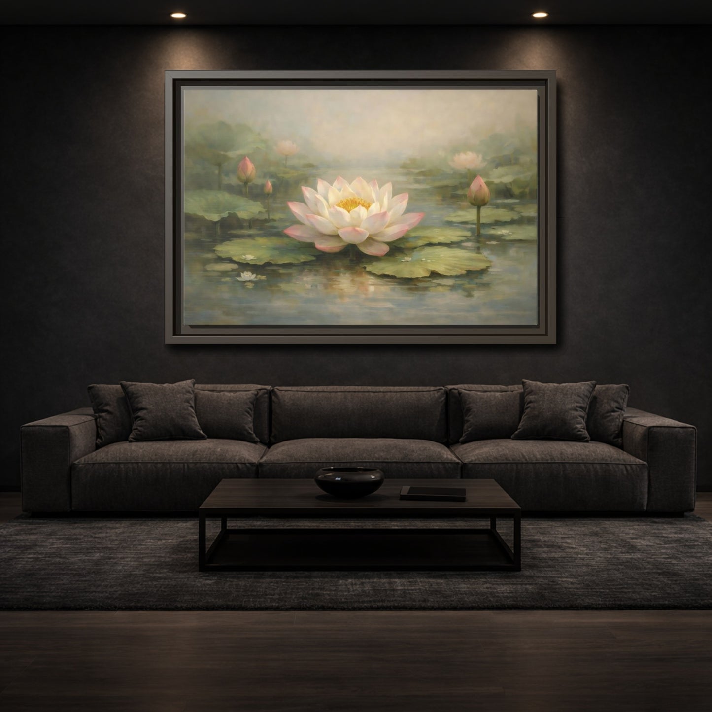 Mockup 2. Nature Lotus Flower Pink Lotus Pond shown as stretched canvas wall art