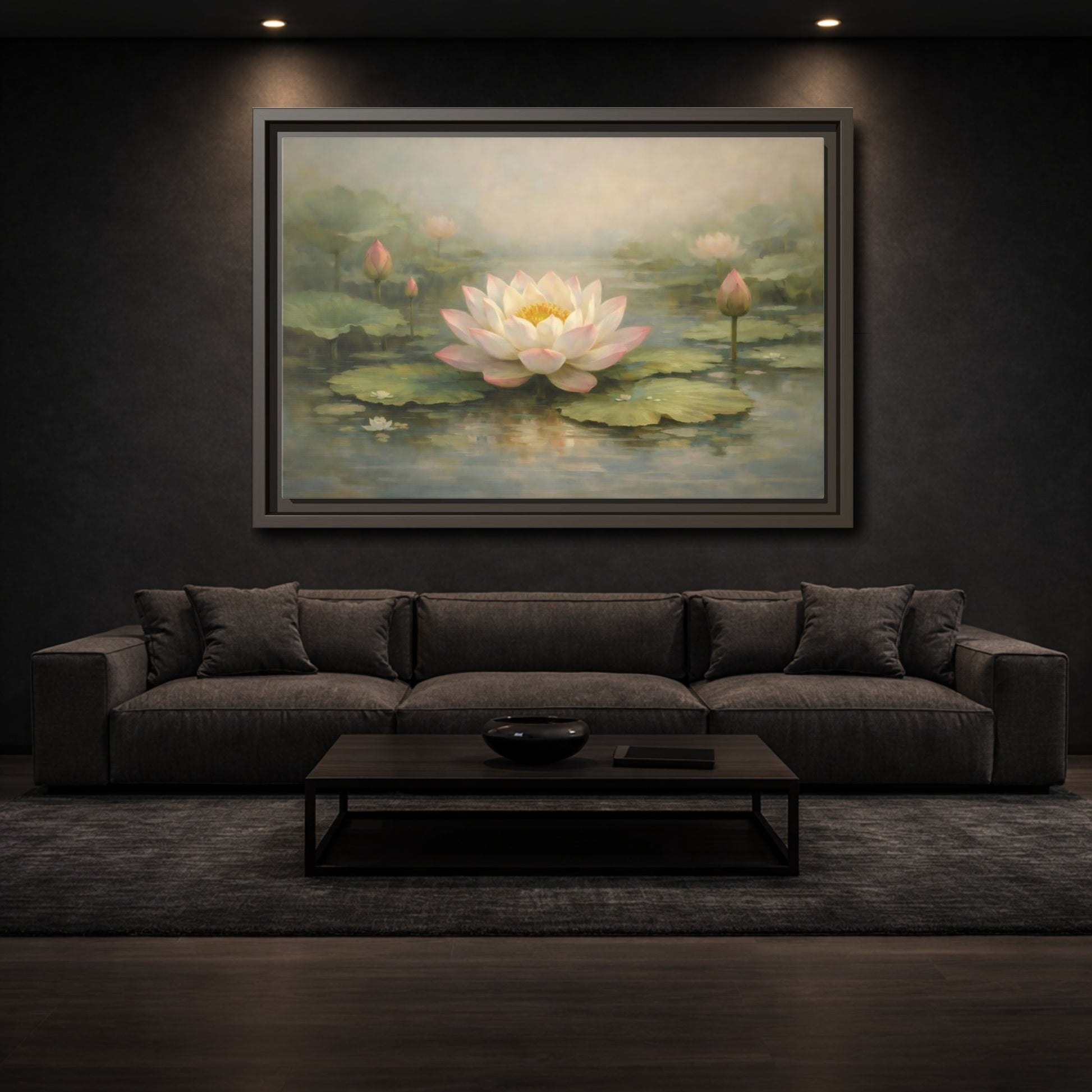 Mockup 2. Nature Lotus Flower Pink Lotus Pond shown as stretched canvas wall art