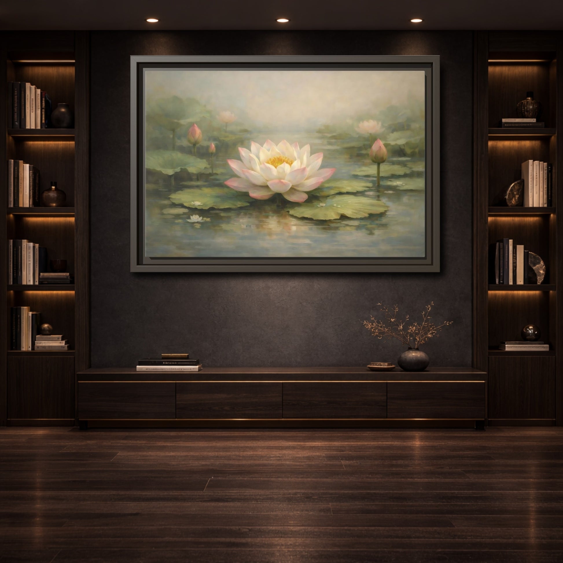 Mockup 3. Nature Lotus Flower Pink Lotus Pond shown as stretched canvas wall art