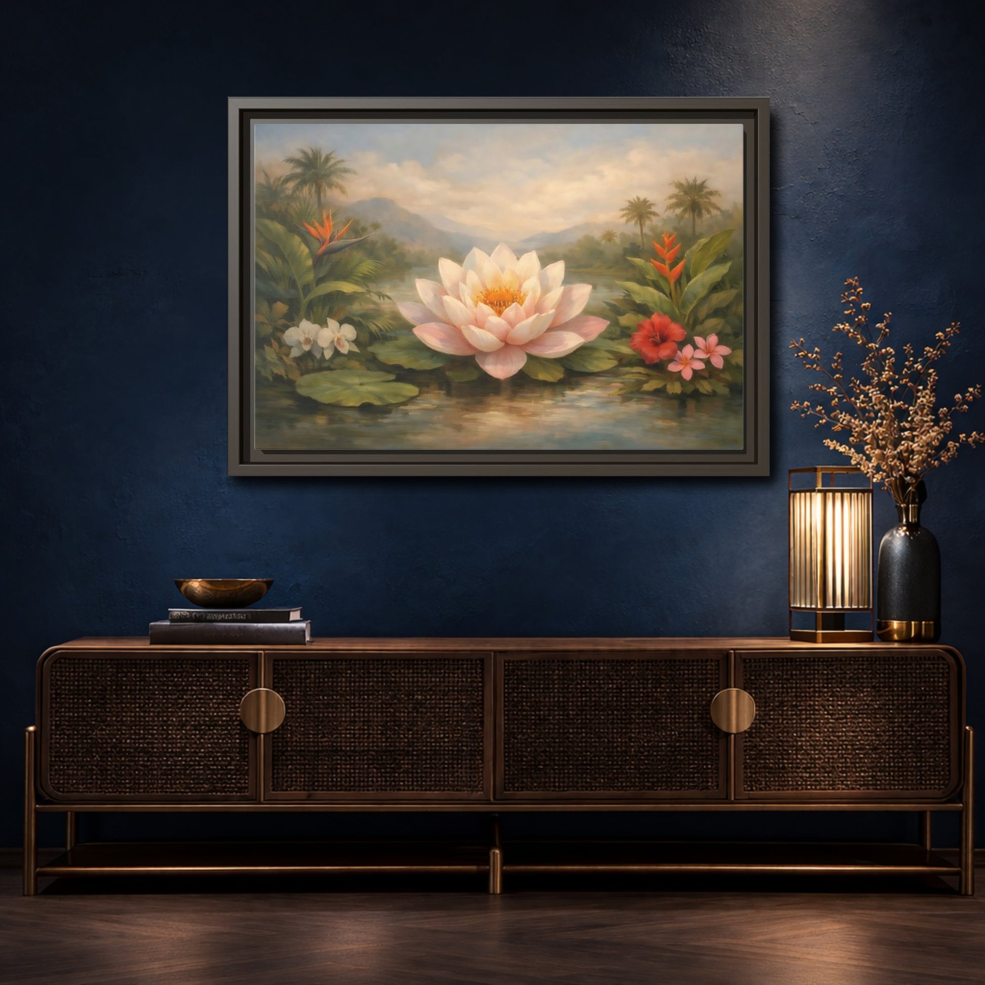 Mockup 4. Nature Lotus Flower Pink Lotus Pond shown as stretched canvas wall art