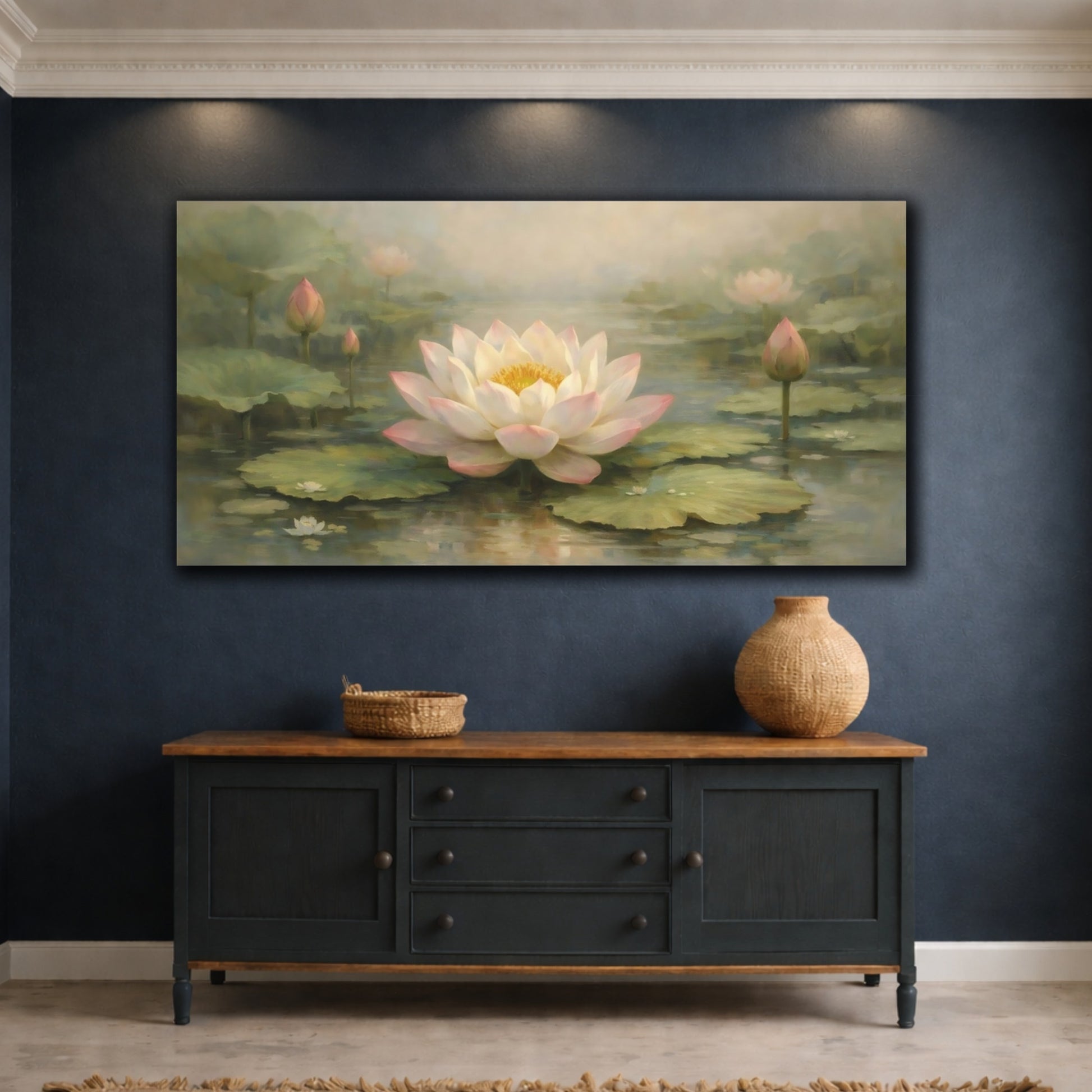 Mockup 4. Nature Lotus Flower Pink Lotus Pond shown as stretched canvas wall art