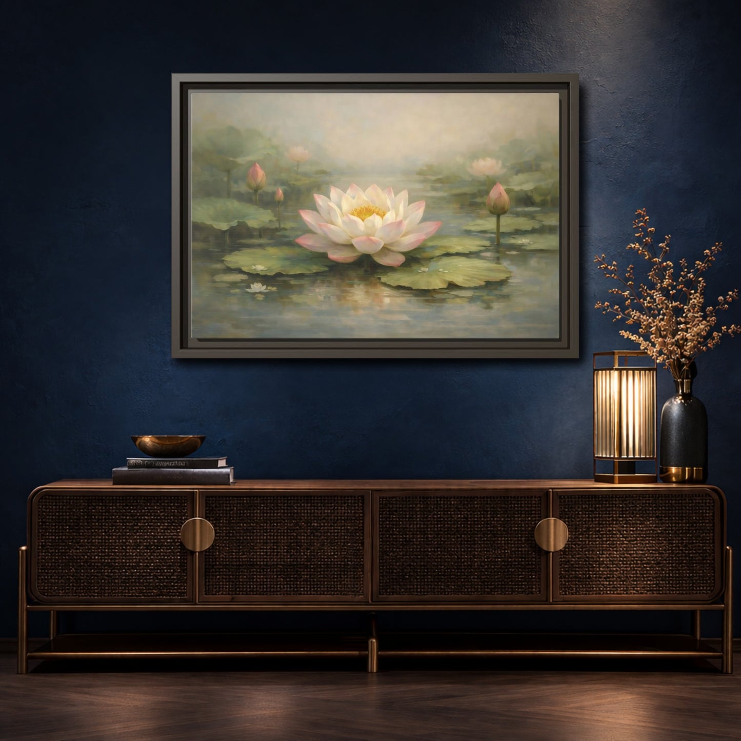Mockup 4. Nature Lotus Flower Pink Lotus Pond shown as stretched canvas wall art