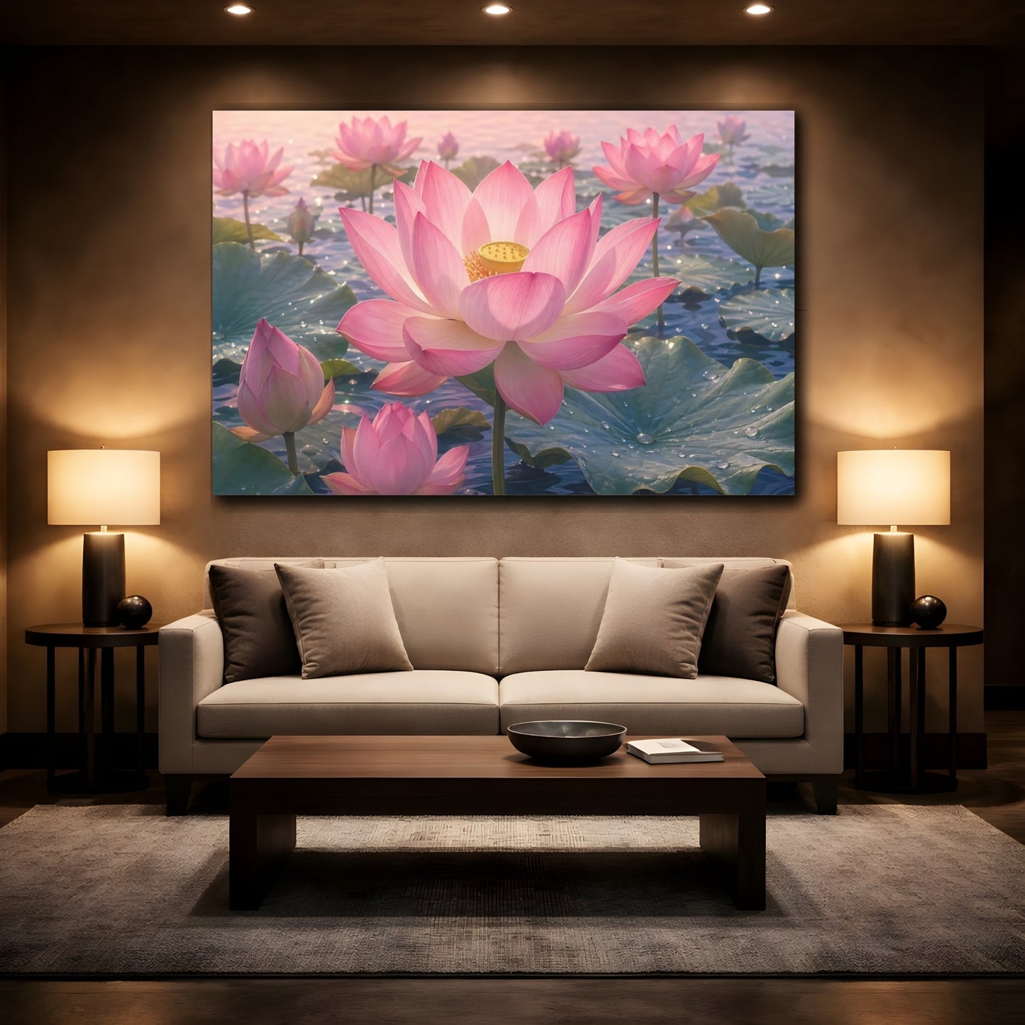 Mockup 2. Nature Lotus Flower Pink Lotus shown as stretched canvas wall art