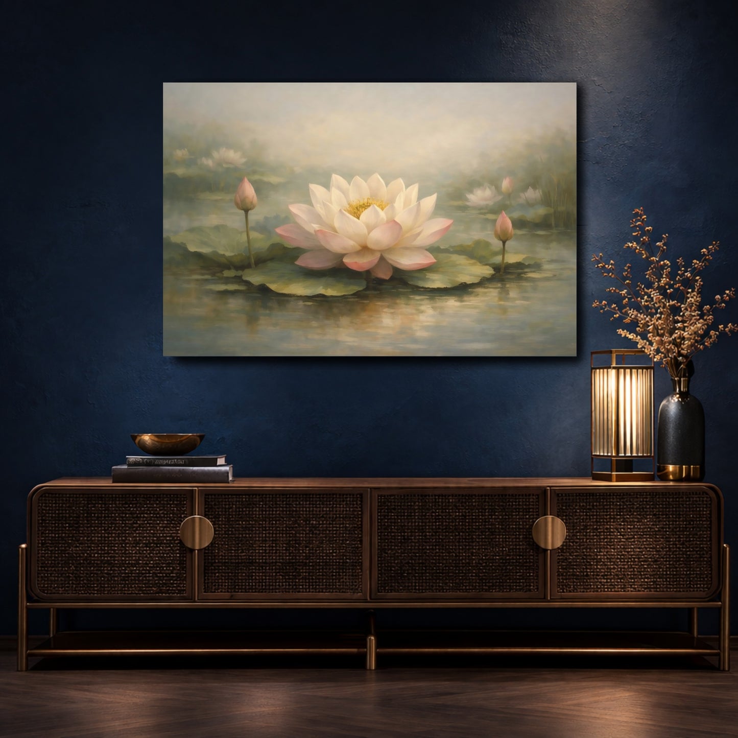 Mockup 4. Nature Lotus Flower Pink Lotus shown as stretched canvas wall art