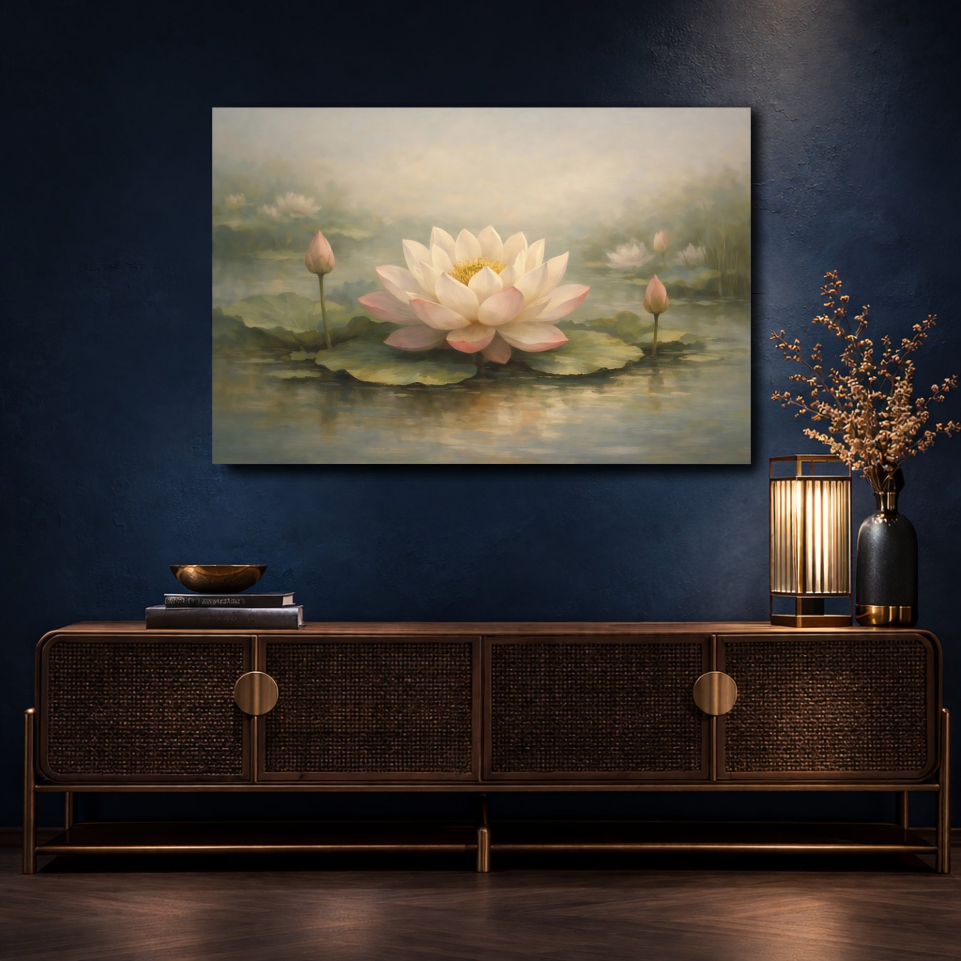 Mockup 4. Nature Lotus Flower Pink Lotus shown as stretched canvas wall art