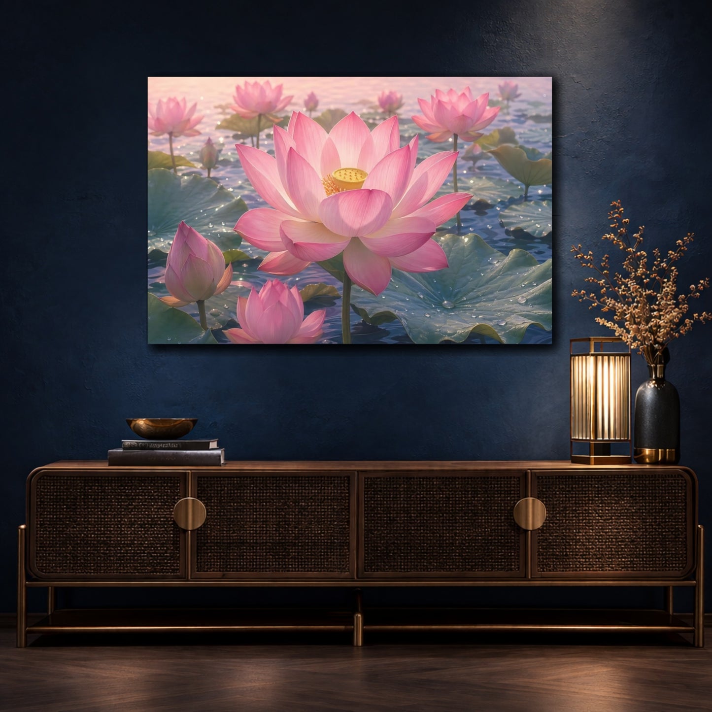Mockup 4. Nature Lotus Flower Pink Lotus shown as stretched canvas wall art