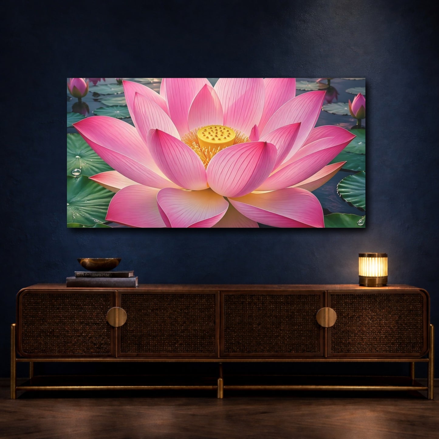 Mockup 4. Nature Lotus Flower Pink Lotus shown as stretched canvas wall art