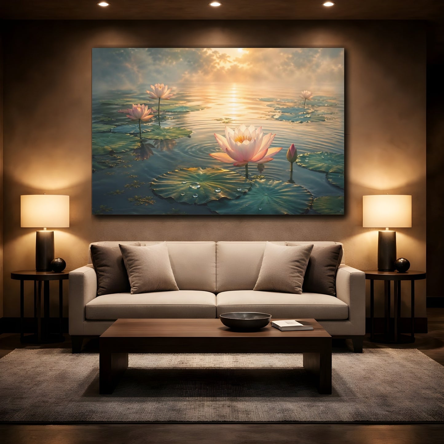 Mockup 2. Nature Lotus Flower Pink Lotus Sunrise shown as stretched canvas wall art