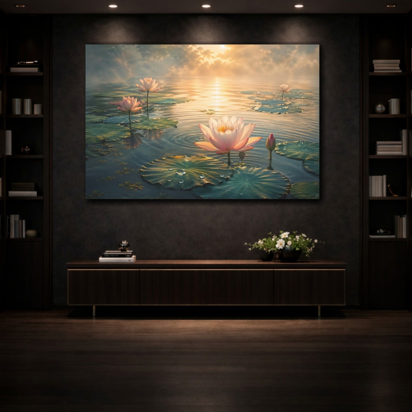 Mockup 3. Nature Lotus Flower Pink Lotus Sunrise shown as stretched canvas wall art