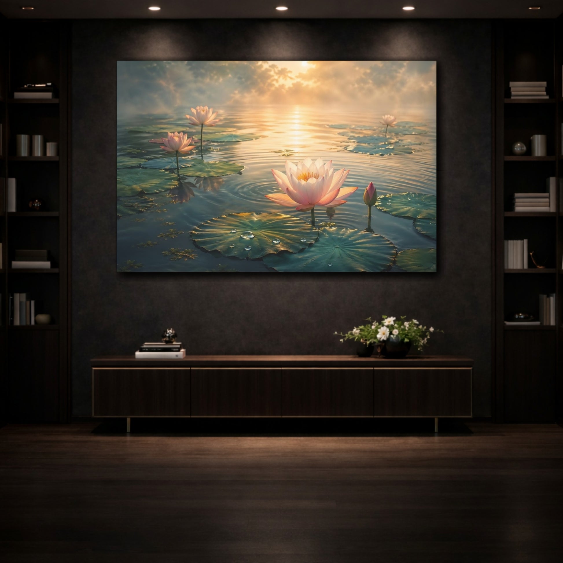 Mockup 3. Nature Lotus Flower Pink Lotus Sunrise shown as stretched canvas wall art