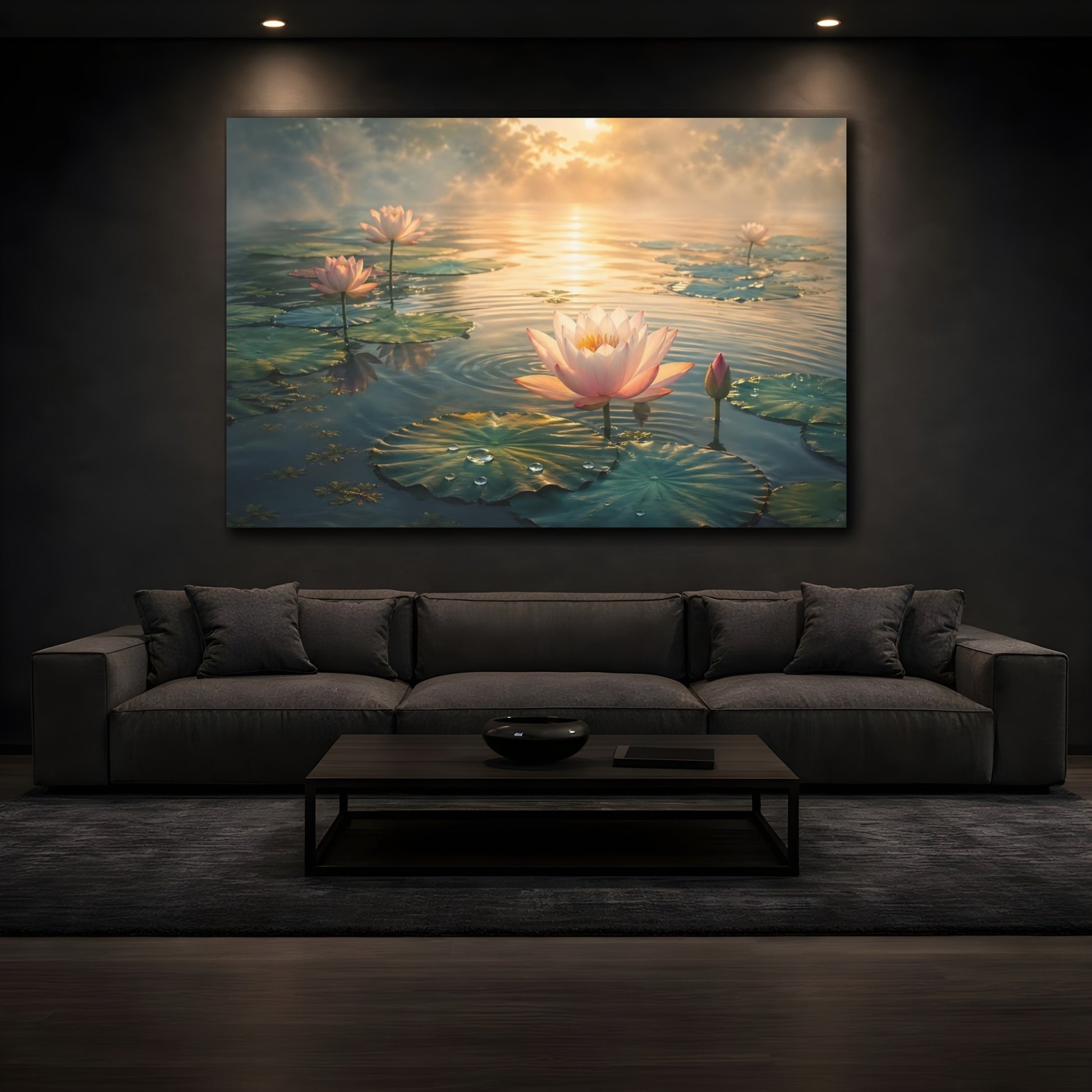 Mockup 4. Nature Lotus Flower Pink Lotus Sunrise shown as stretched canvas wall art