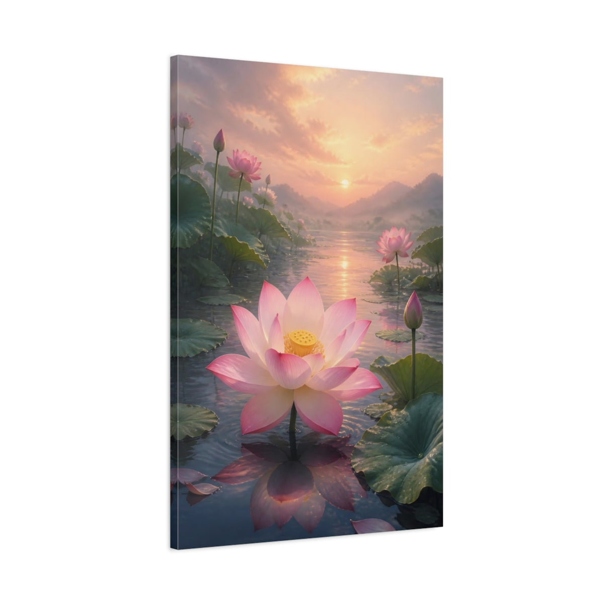 Main Mockup. Nature Lotus Flower Pink Lotus Sunset shown as stretched canvas wall art