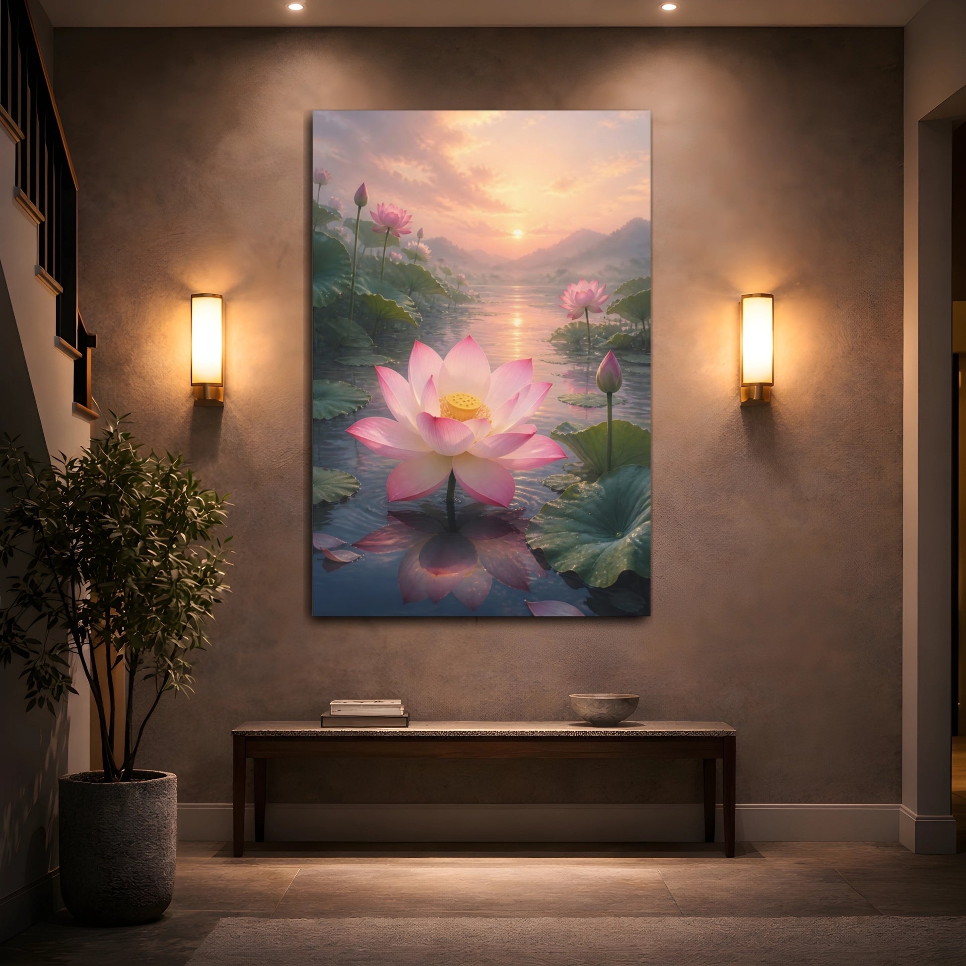 Mockup 2. Nature Lotus Flower Pink Lotus Sunset shown as stretched canvas wall art