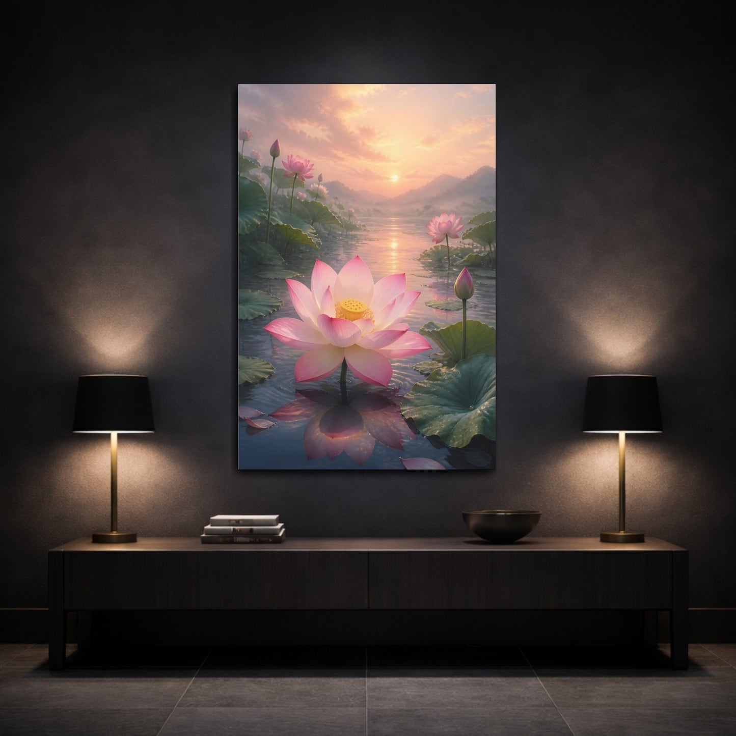Mockup 3. Nature Lotus Flower Pink Lotus Sunset shown as stretched canvas wall art