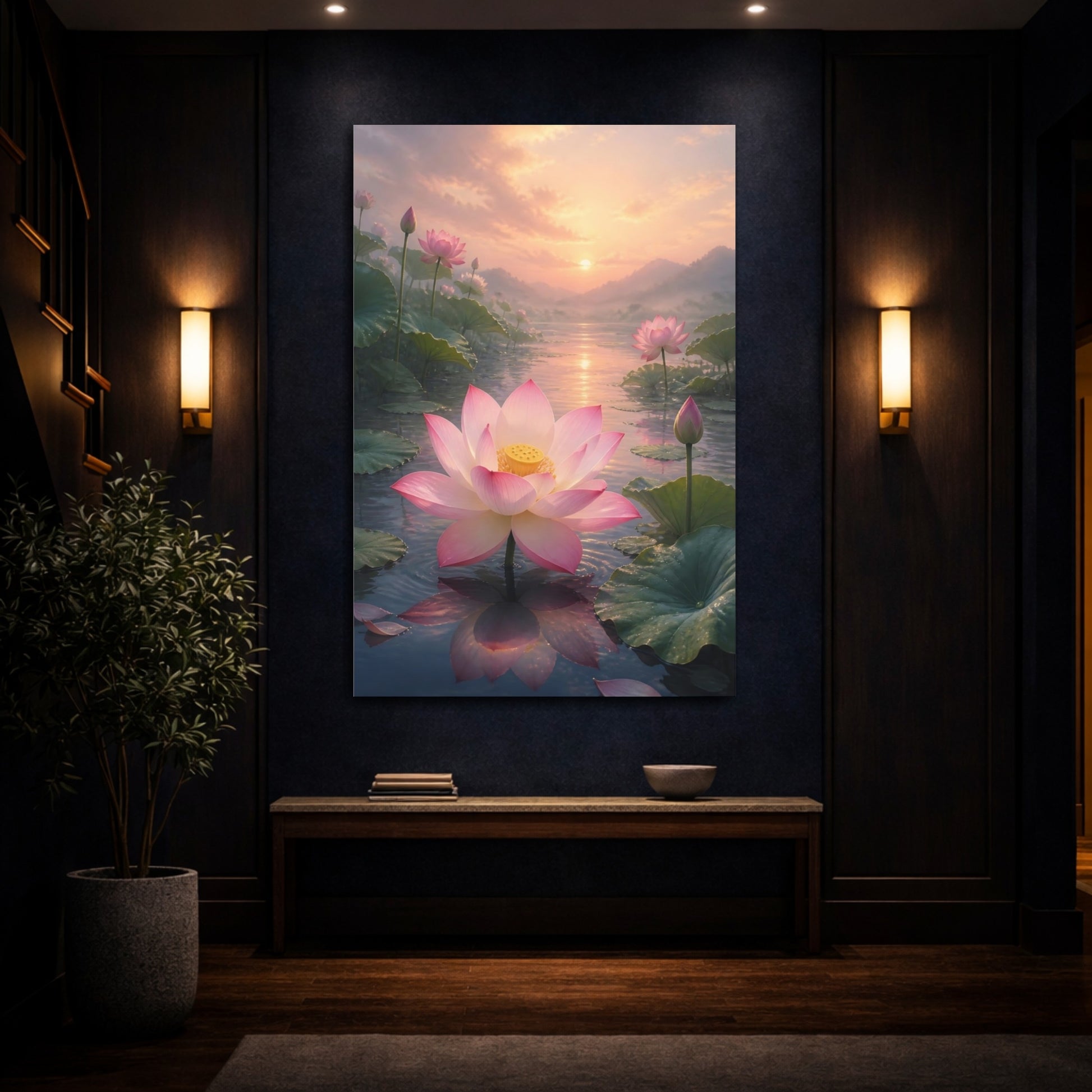Mockup 4. Nature Lotus Flower Pink Lotus Sunset shown as stretched canvas wall art