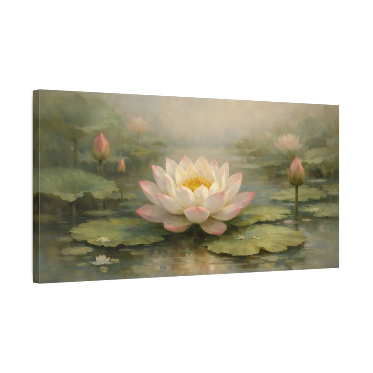 Side Mockup 2. Nature Lotus Flower Pink Lotus Pond shown as stretched canvas wall art