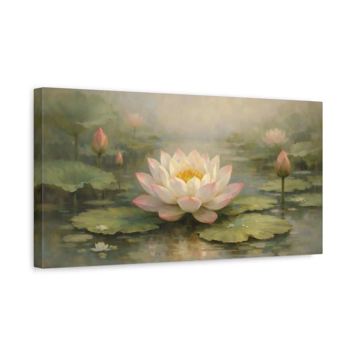 Side Mockup 3. Nature Lotus Flower Pink Lotus Pond shown as stretched canvas wall art