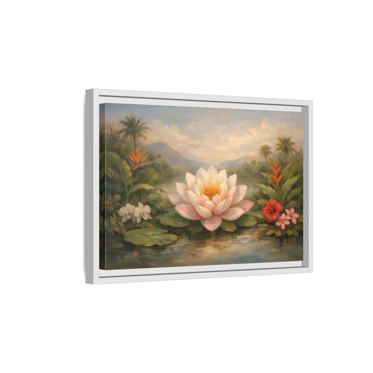 Side Mockup 4. Nature Lotus Flower Pink Lotus Pond shown as stretched canvas wall art