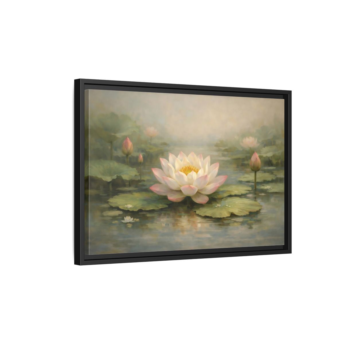 Side Mockup 3. Nature Lotus Flower Pink Lotus Pond shown as stretched canvas wall art