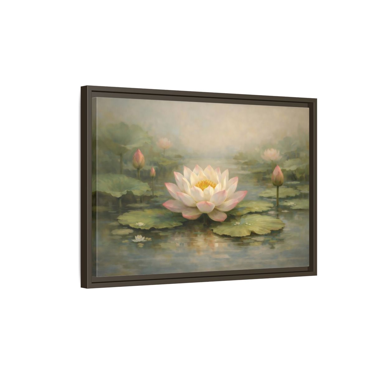 Side Mockup 2. Nature Lotus Flower Pink Lotus Pond shown as stretched canvas wall art