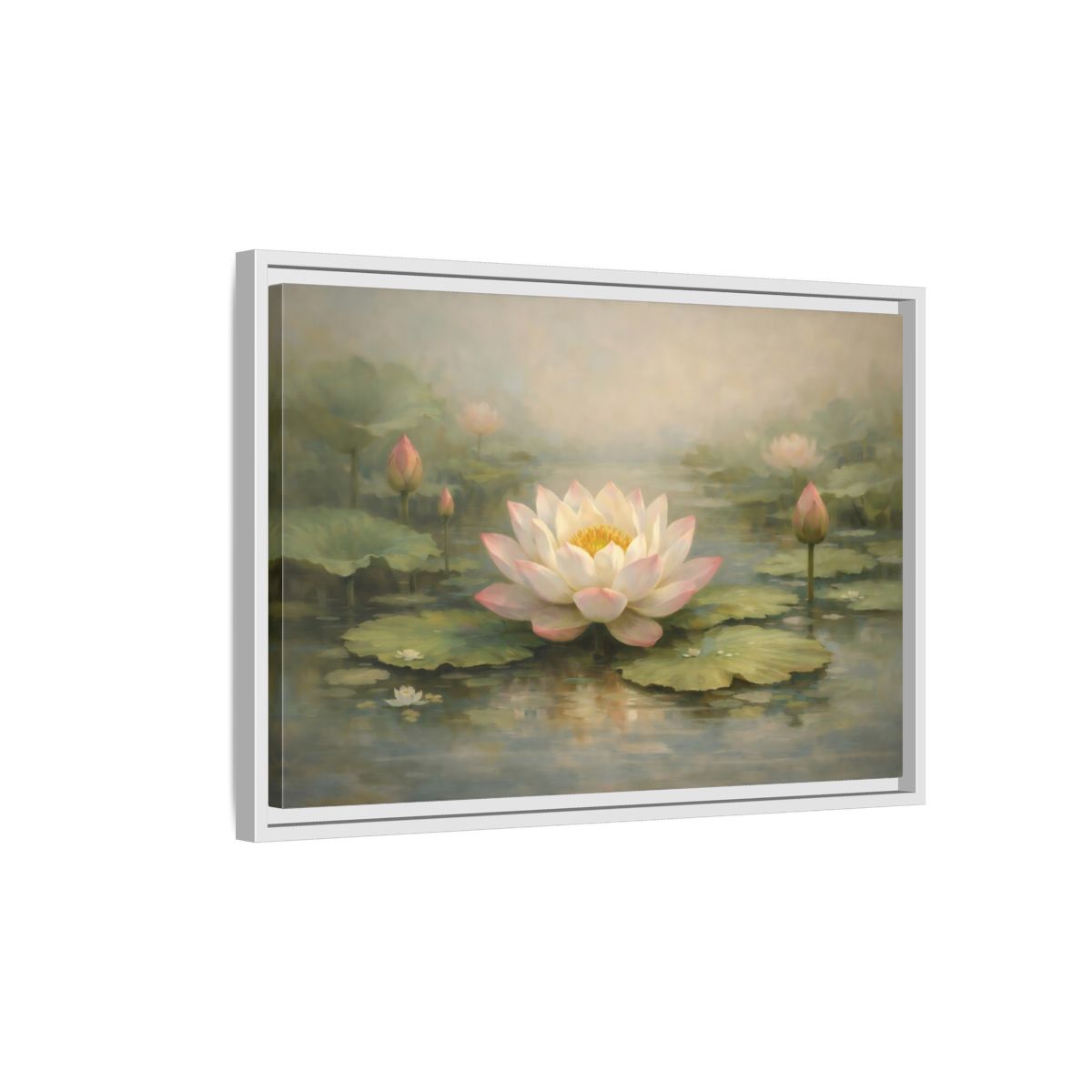 Side Mockup 1. Nature Lotus Flower Pink Lotus Pond shown as stretched canvas wall art