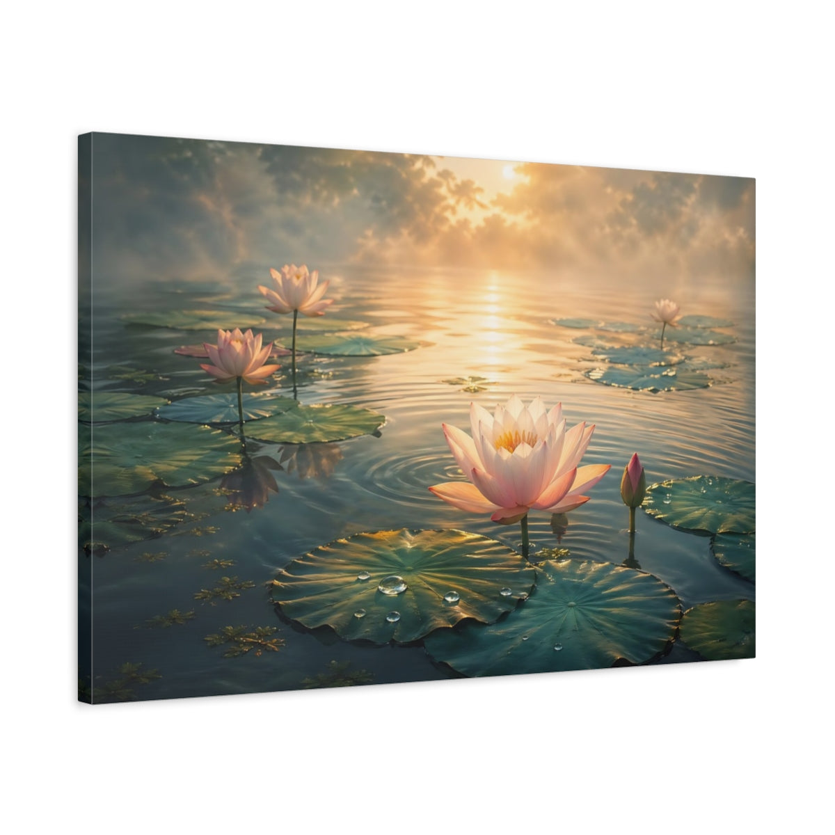Side Mockup 2. Nature Lotus Flower Pink Lotus Sunrise shown as stretched canvas wall art