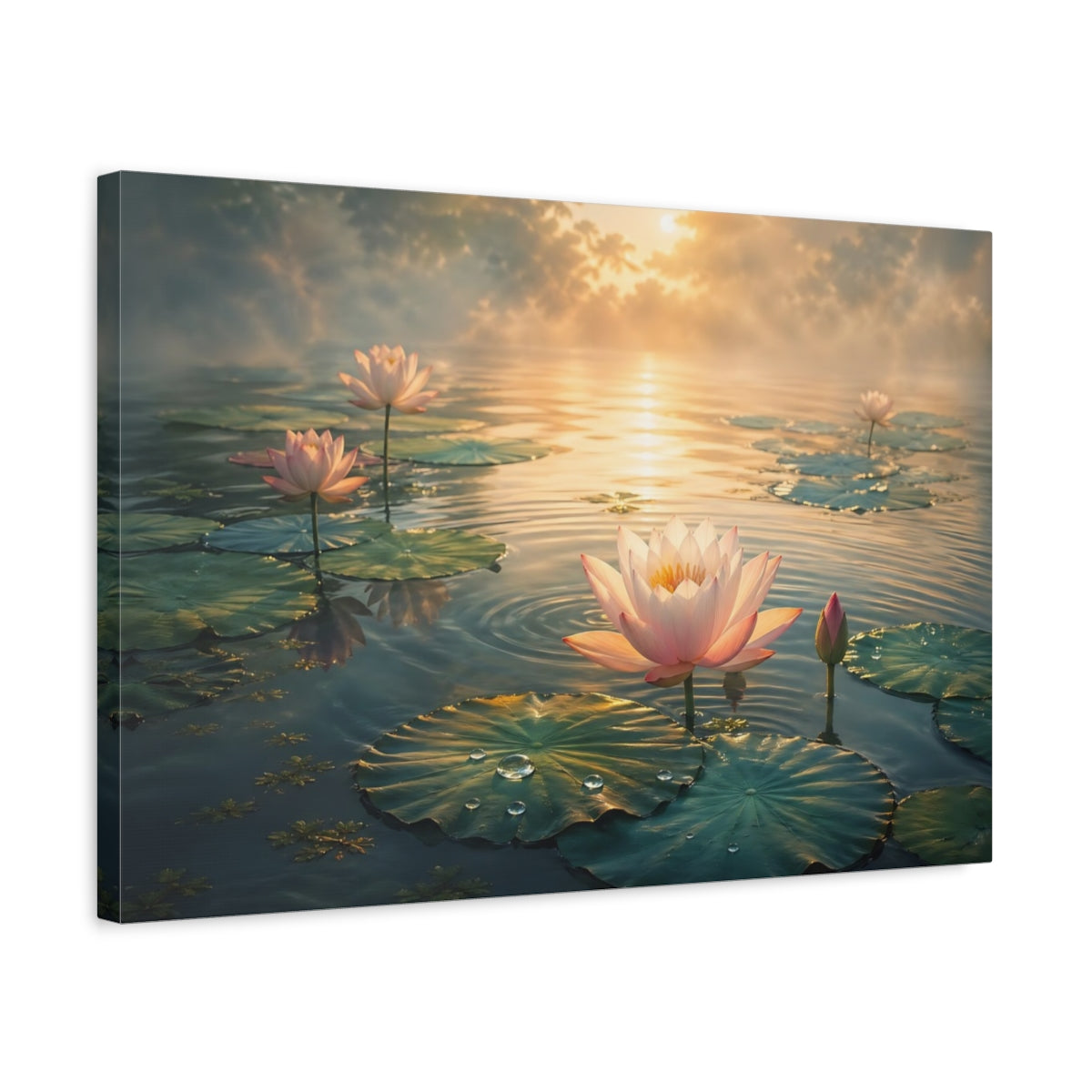 Side Mockup 3. Nature Lotus Flower Pink Lotus Sunrise shown as stretched canvas wall art