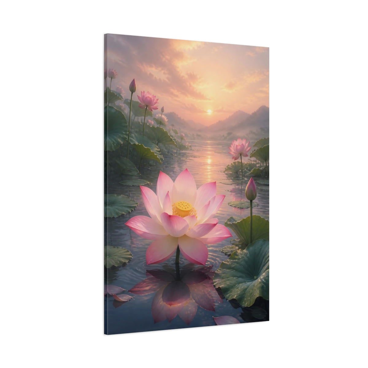 Side Mockup 1. Nature Lotus Flower Pink Lotus Sunset shown as stretched canvas wall art