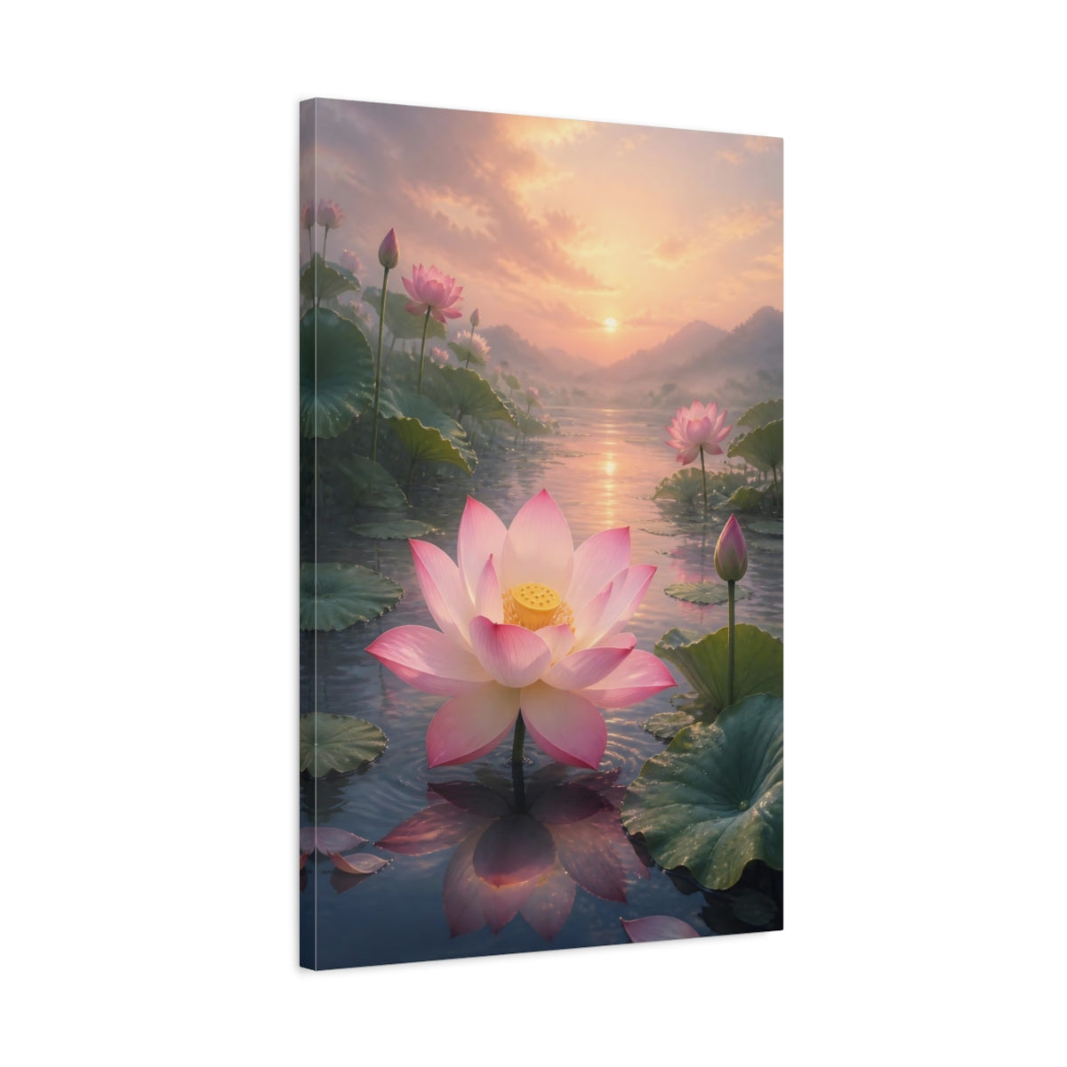 Side Mockup 2. Nature Lotus Flower Pink Lotus Sunset shown as stretched canvas wall art