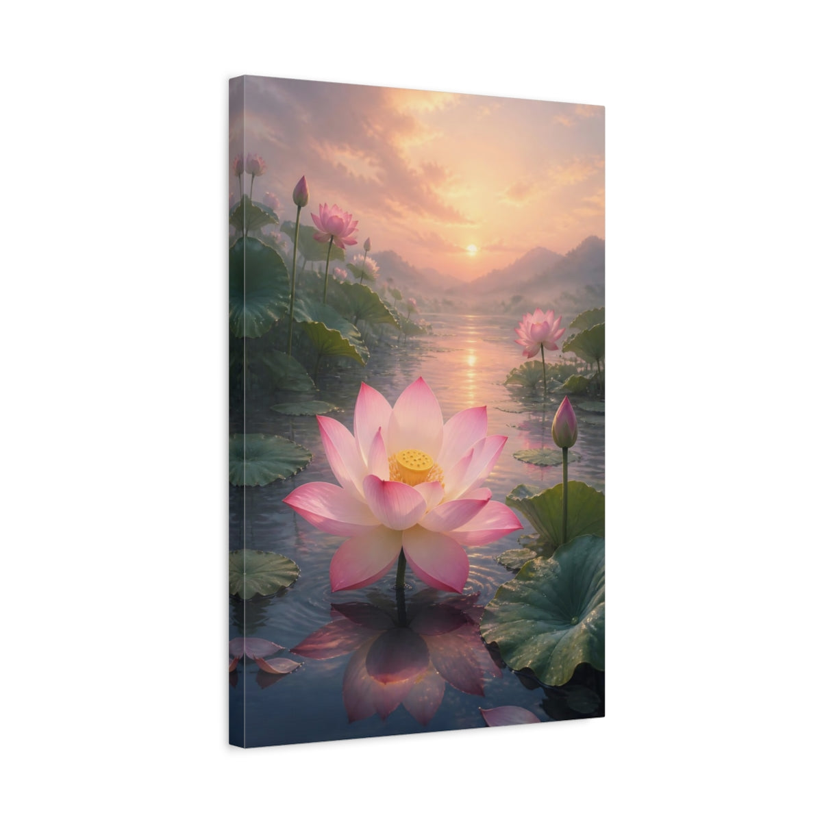 Side Mockup 3. Nature Lotus Flower Pink Lotus Sunset shown as stretched canvas wall art