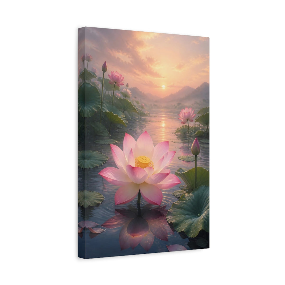 Side Mockup 4. Nature Lotus Flower Pink Lotus Sunset shown as stretched canvas wall art
