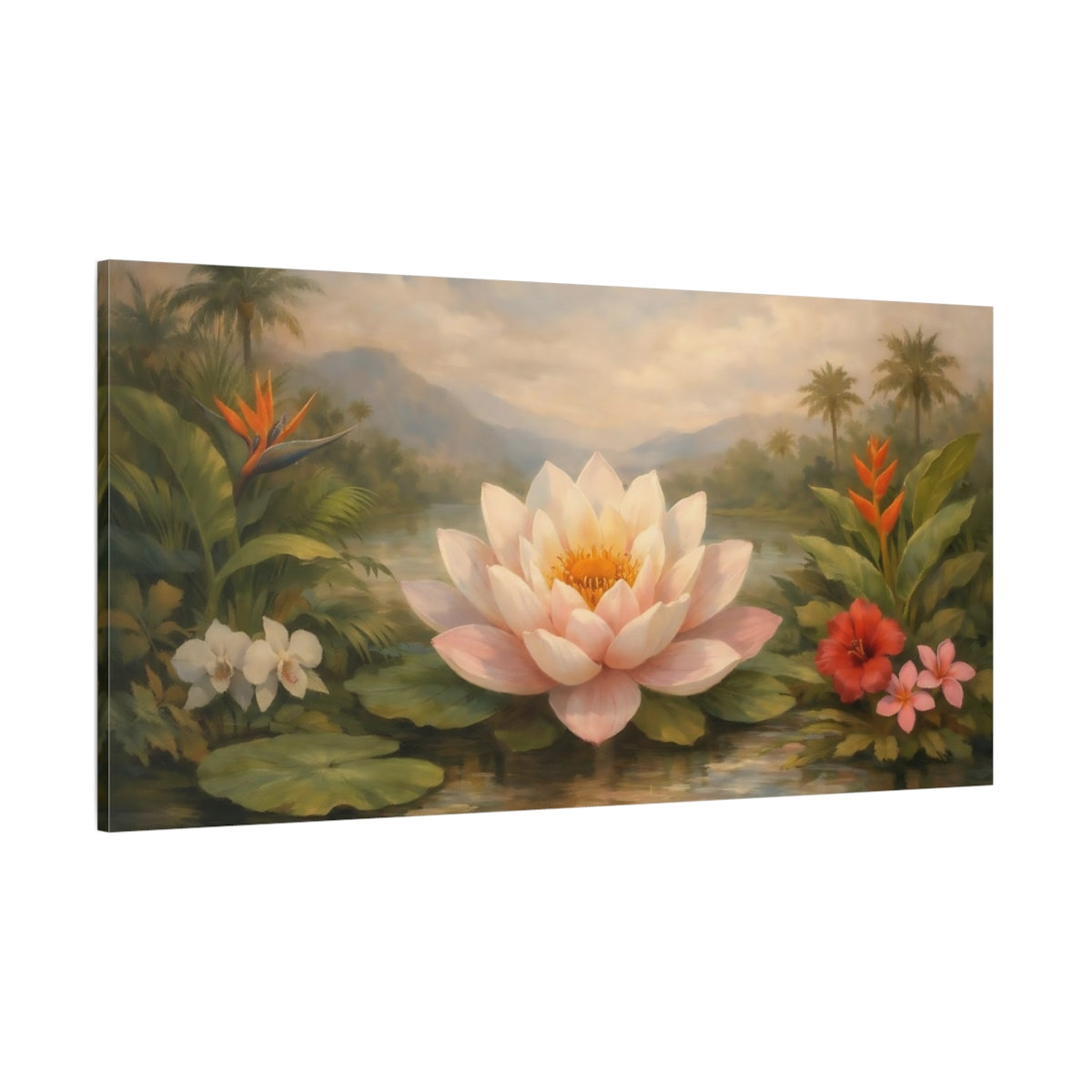 Main Mockup. Nature Lotus Flower Pink Water Lily shown as stretched canvas wall art