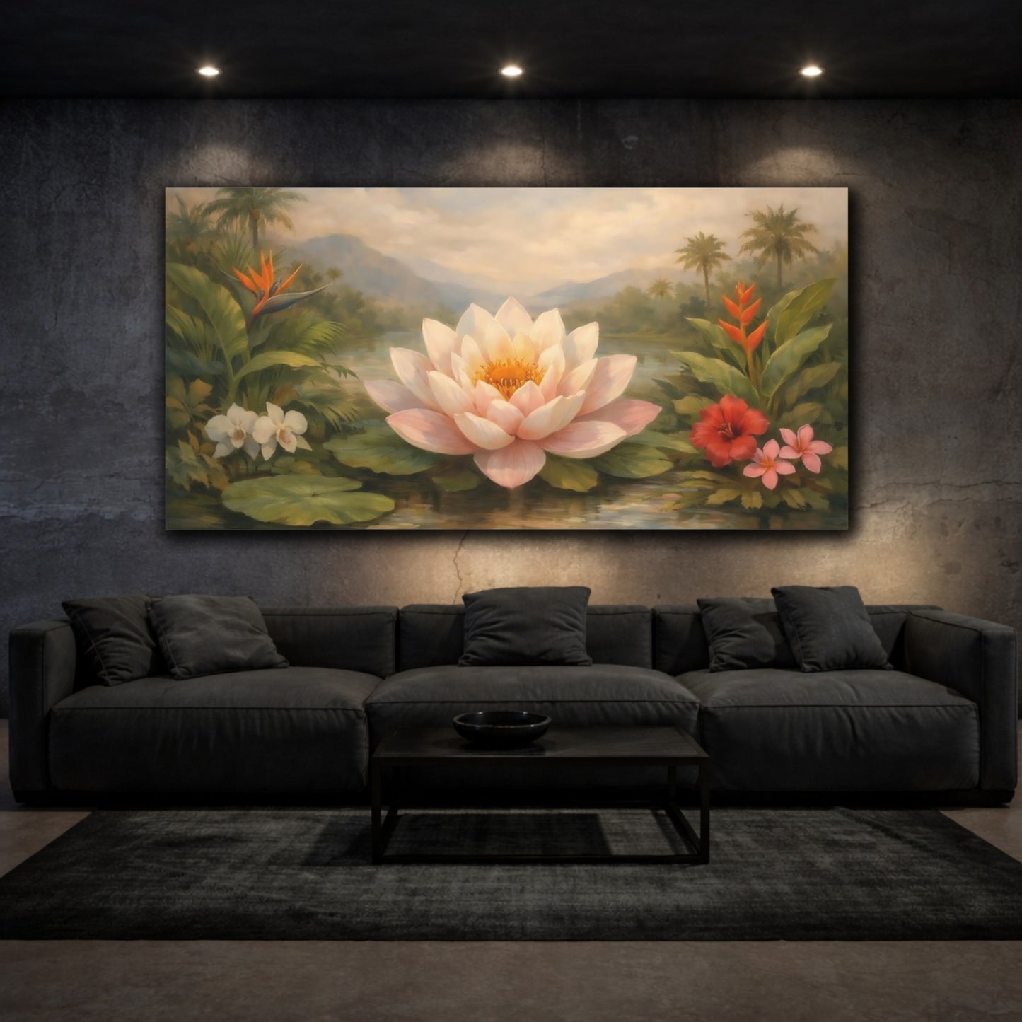 Mockup 2. Nature Lotus Flower Pink Water Lily shown as stretched canvas wall art