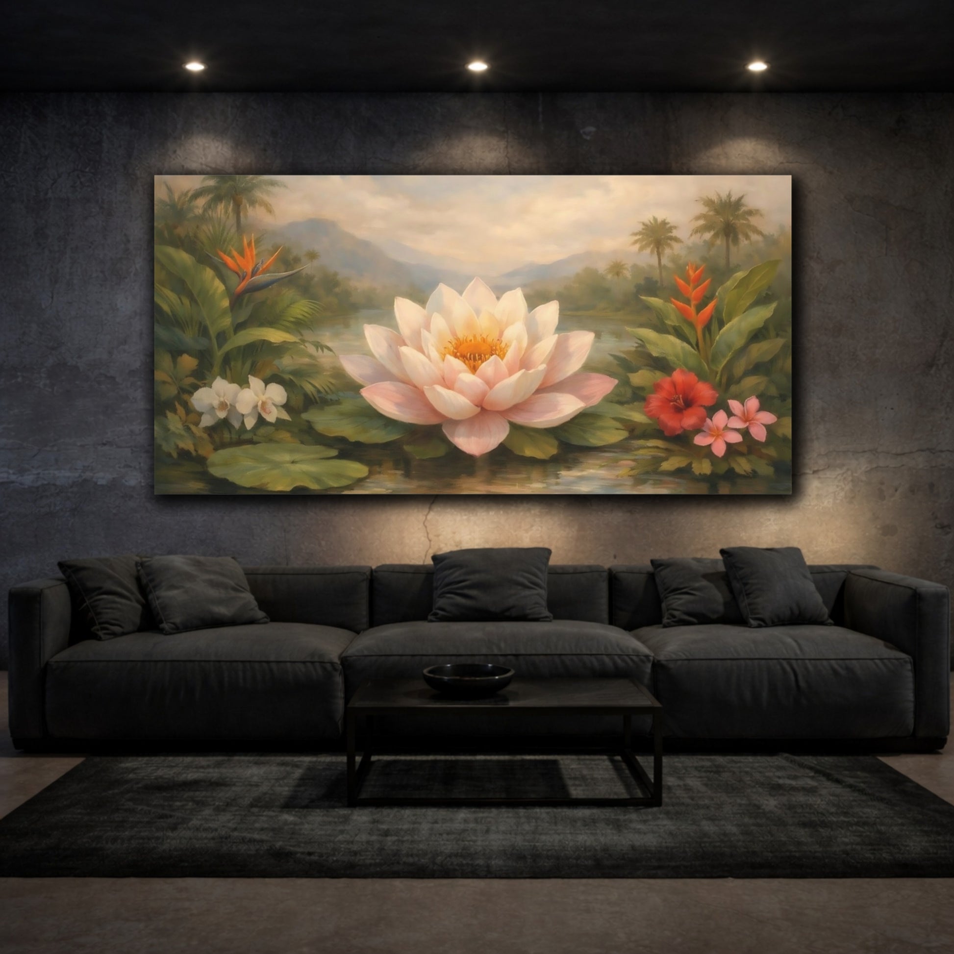 Mockup 2. Nature Lotus Flower Pink Water Lily shown as stretched canvas wall art