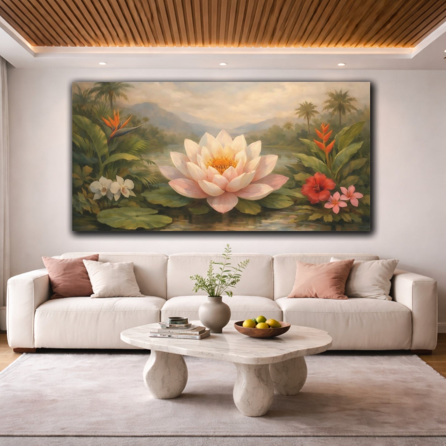 Mockup 3. Nature Lotus Flower Pink Water Lily shown as stretched canvas wall art