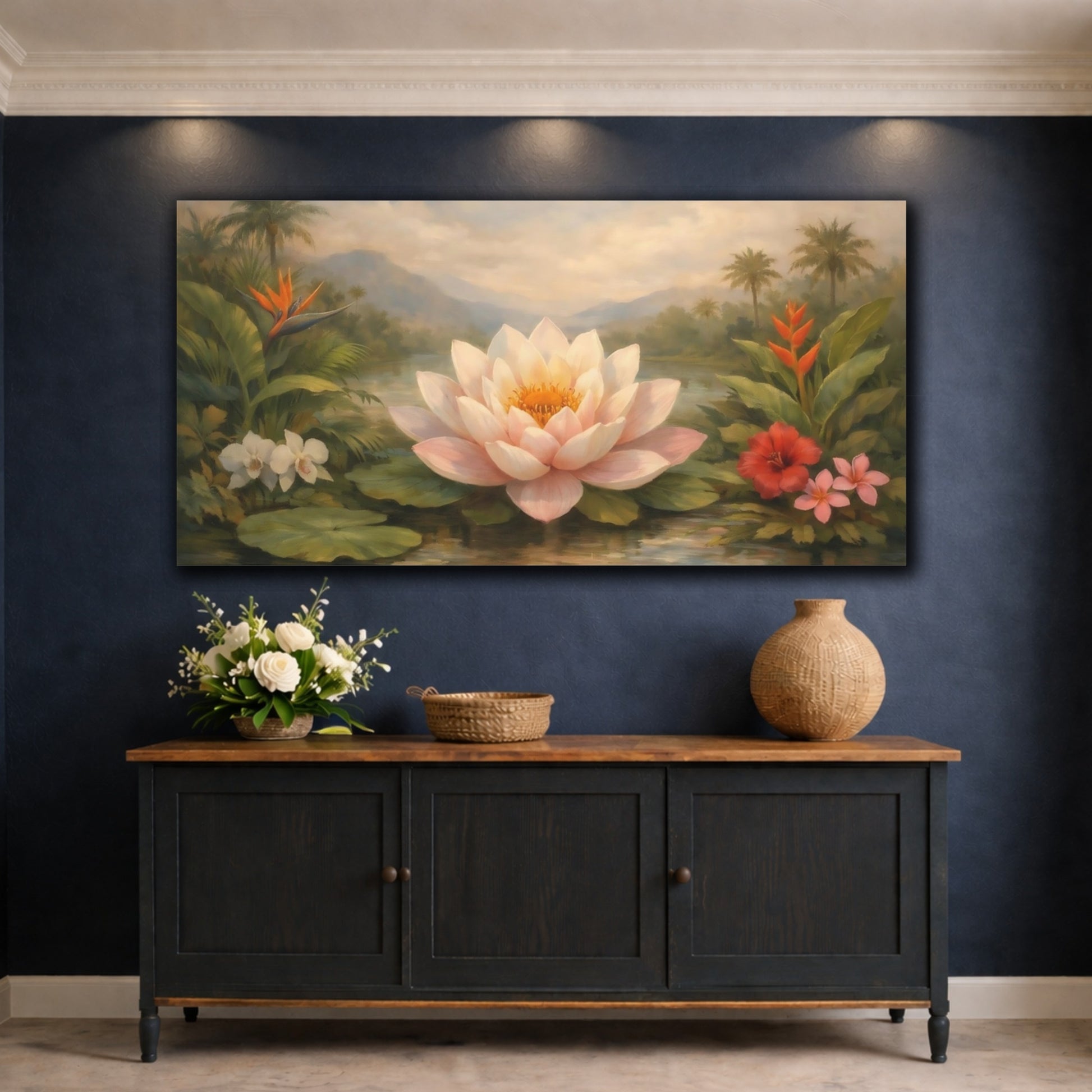 Mockup 4. Nature Lotus Flower Pink Water Lily shown as stretched canvas wall art