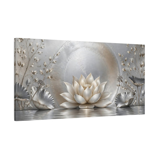 Main Mockup. Nature Lotus Flower Silver And Gold shown as stretched canvas wall art