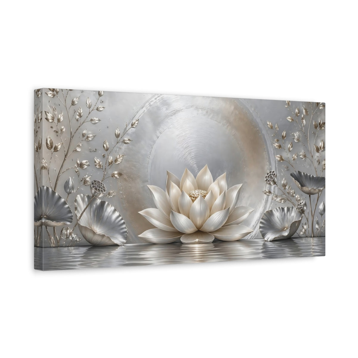 Side Mockup 3. Nature Lotus Flower Silver And Gold shown as stretched canvas wall art
