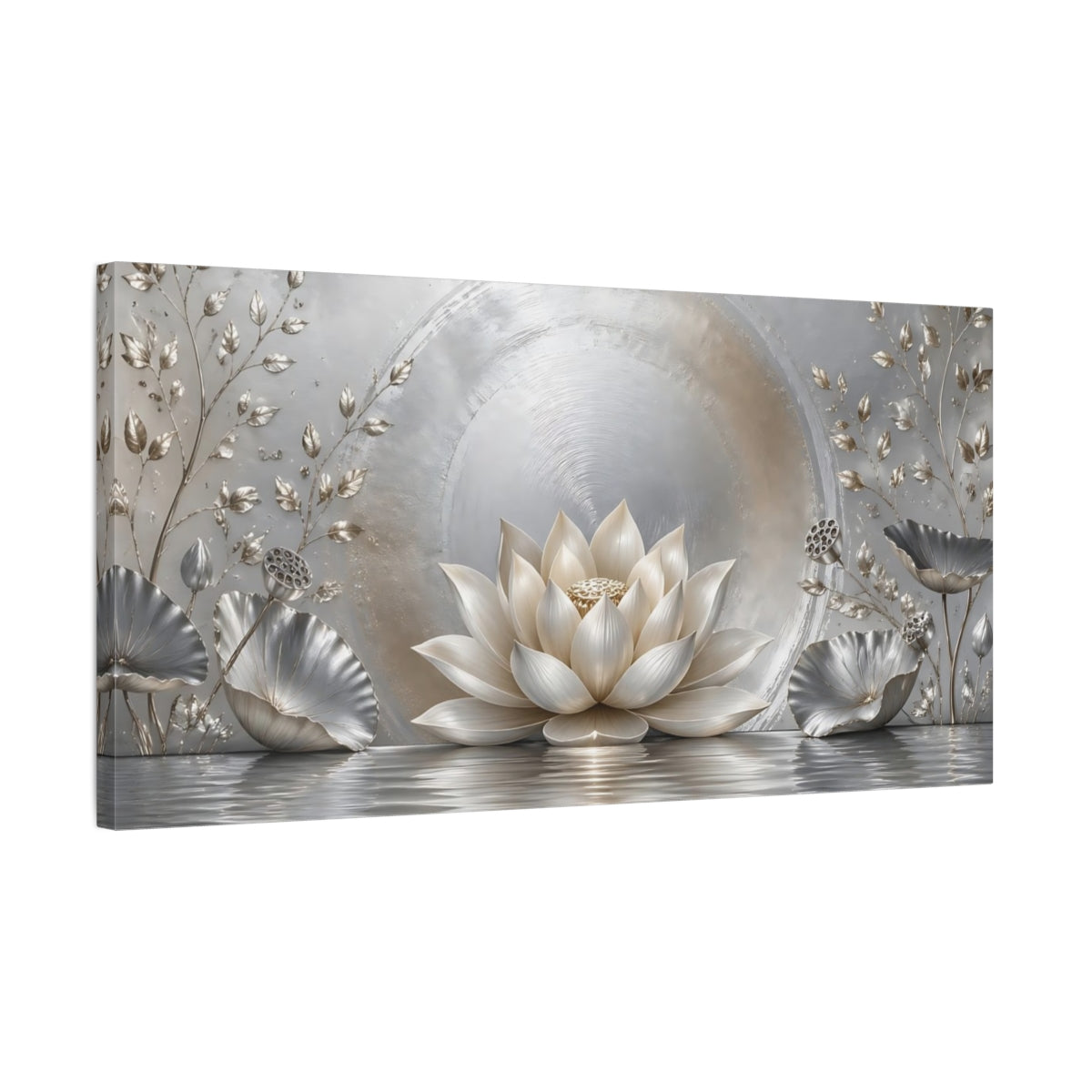 Side Mockup 1. Nature Lotus Flower Silver And Gold shown as stretched canvas wall art