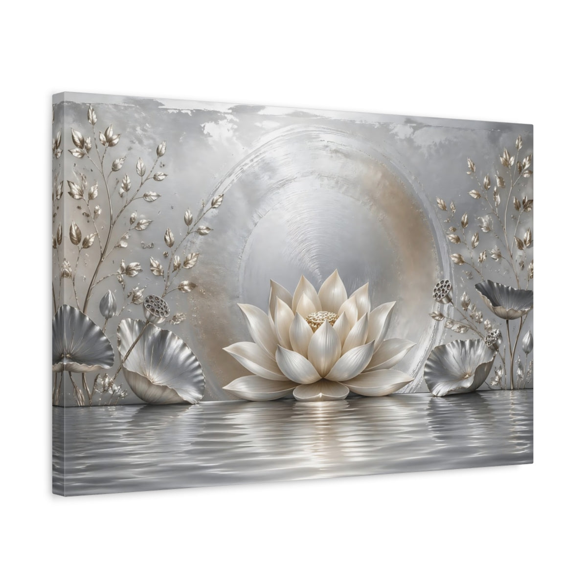 Side Mockup 3. Nature Lotus Flower Silver And Gold shown as stretched canvas wall art