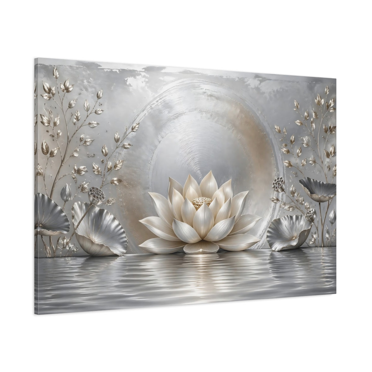 Side Mockup 1. Nature Lotus Flower Silver And Gold shown as stretched canvas wall art