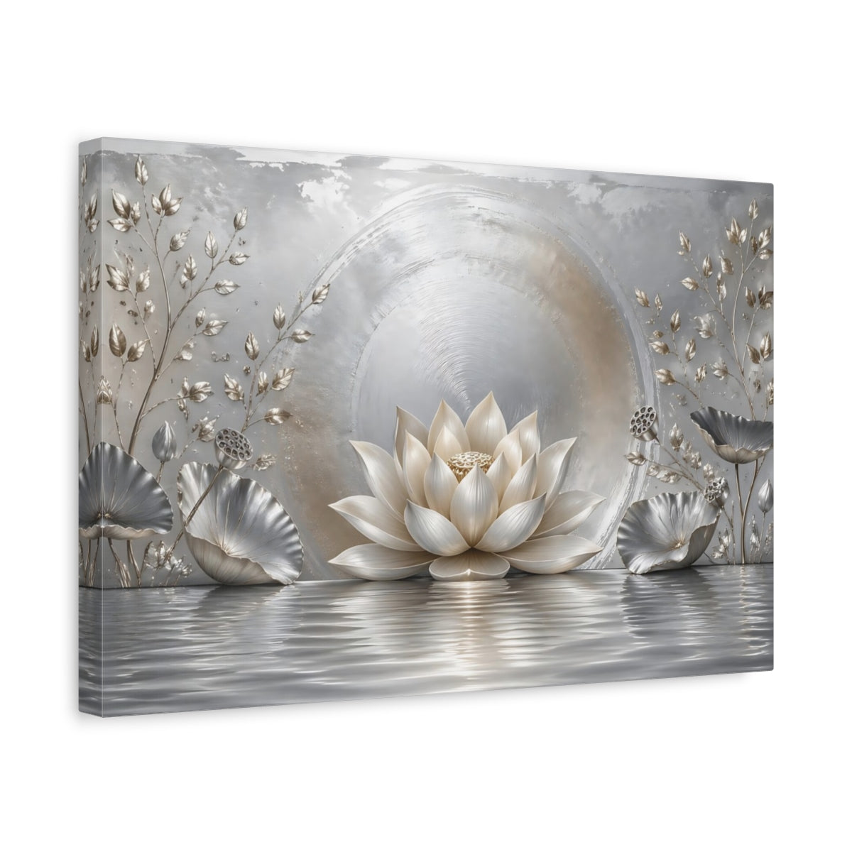 Side Mockup 4. Nature Lotus Flower Silver And Gold shown as stretched canvas wall art