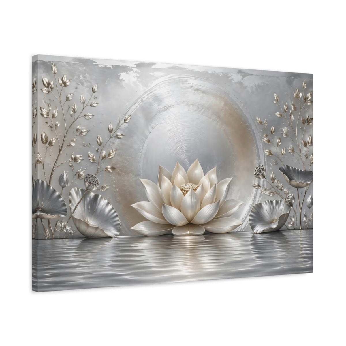 Side Mockup 2. Nature Lotus Flower Silver And Gold shown as stretched canvas wall art