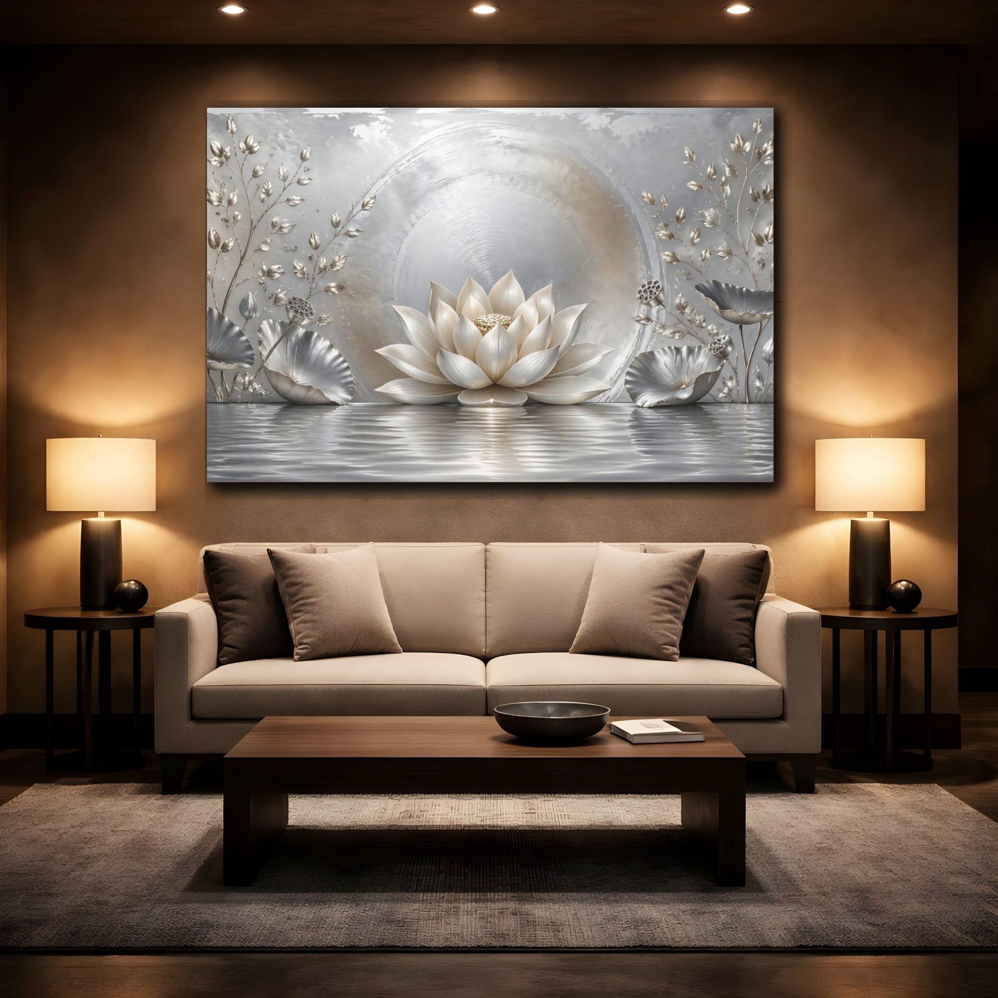Mockup 2. Nature Lotus Flower Silver And Gold shown as stretched canvas wall art