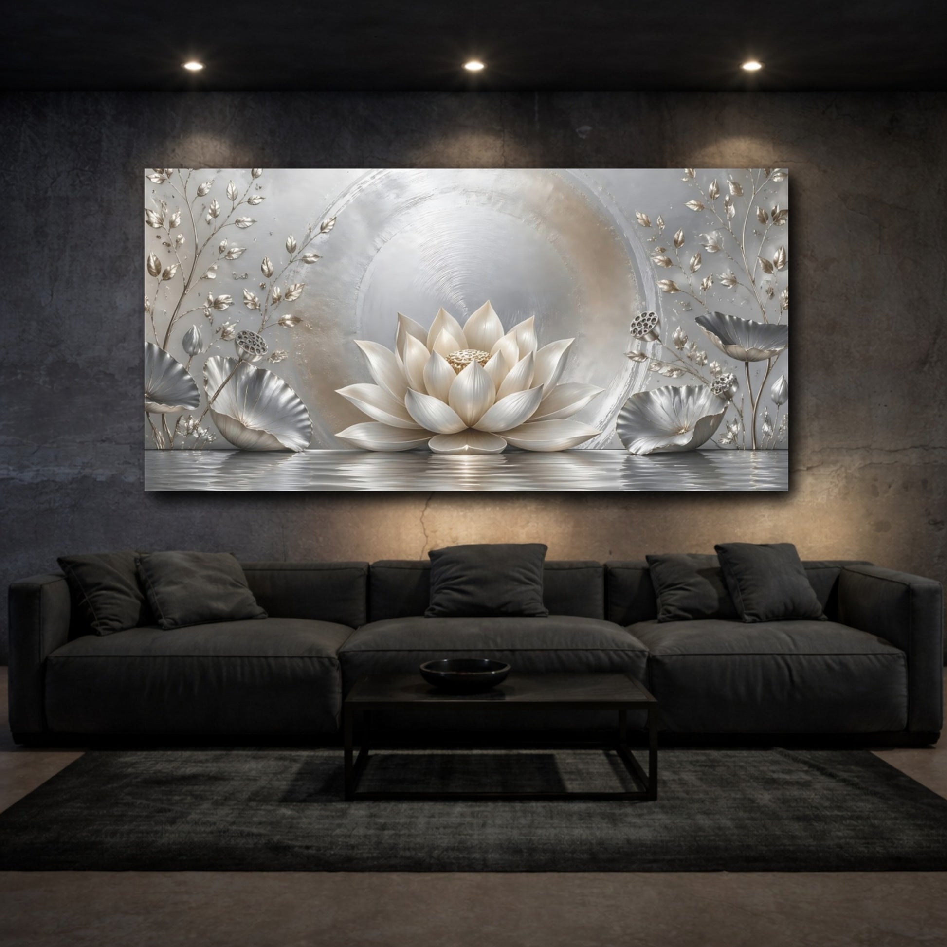 Mockup 2. Nature Lotus Flower Silver And Gold shown as stretched canvas wall art